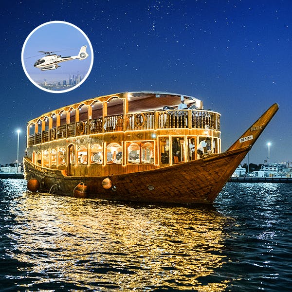 12 Mins Helicopter Tour & Dhow Dinner Cruise